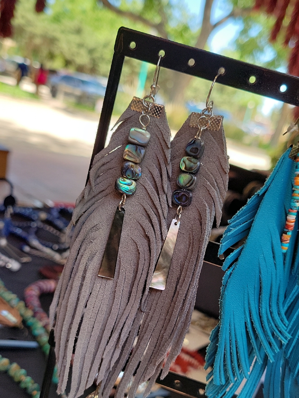Boho Gray Suede Fringe Earrings with Abalone Beads